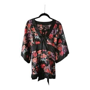 Bisou Bisou Michele Bohbot Womens 12 Blouse Black Floral Asian Kimono Flair